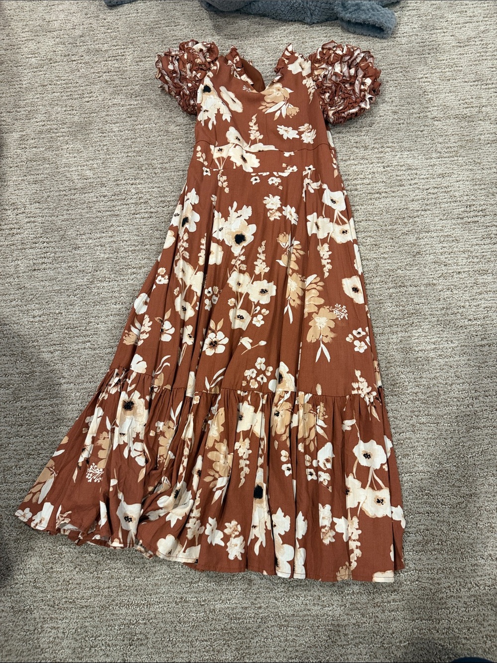Joyfolie Rust Floral Puff Sleeve Maxi Dress